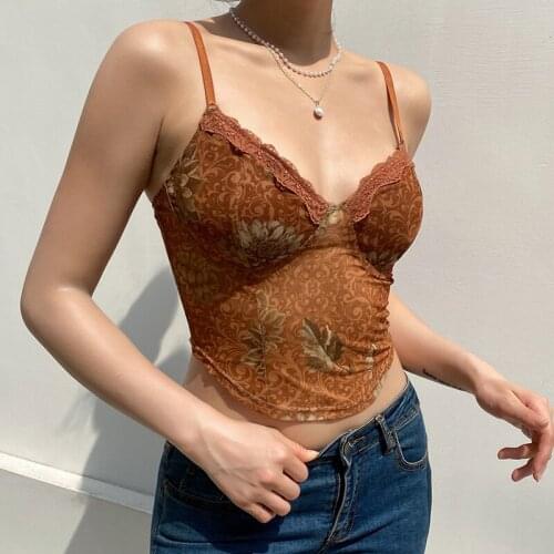 European and American niche features printed mesh chest-shaped camisole, hot girls wear brown bras