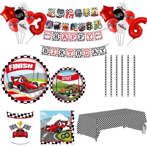 Racing Car Disposable Tableware Plate Cups Table Cloth Balloon Bunting Happy Birthday Party Decor Black White Grid Tableware