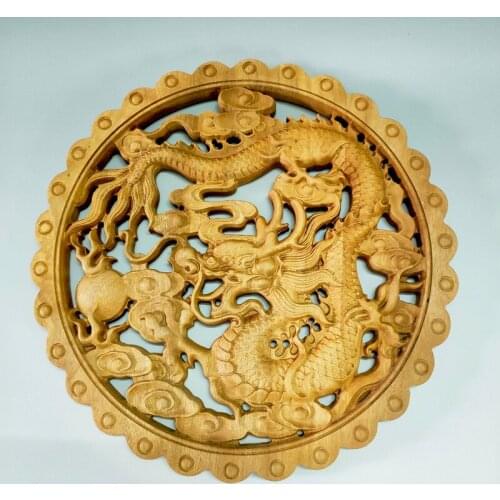 Exquisite Chinese Classical Hand Carved Home Decoration Round Dragon Statue Camphor Wood Wall Decorative Sculpture