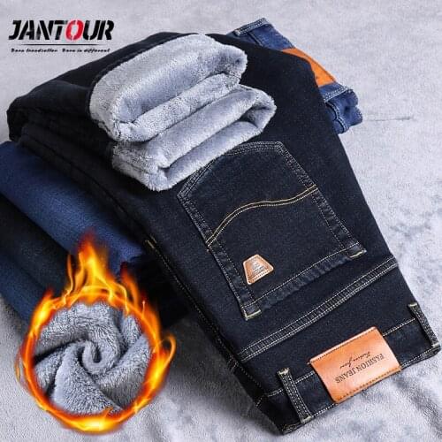 Jantour 2021 Men Warm Jeans Cotton High Quality Brand Autumn Winter Jeans Thick cotton Fleece Men Jean Long Trouser big size 40
