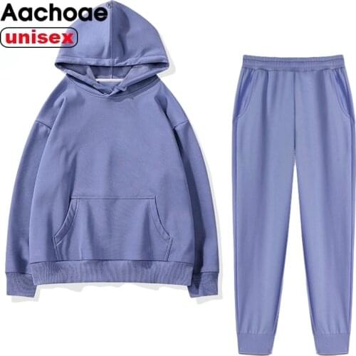 Aachoae 2020 Women Unisex Couple Fleece 100% Cotton Suits 2 Pieces Sets Casual Tracksuit Hoodies Sweatshirt Pants Plus Size