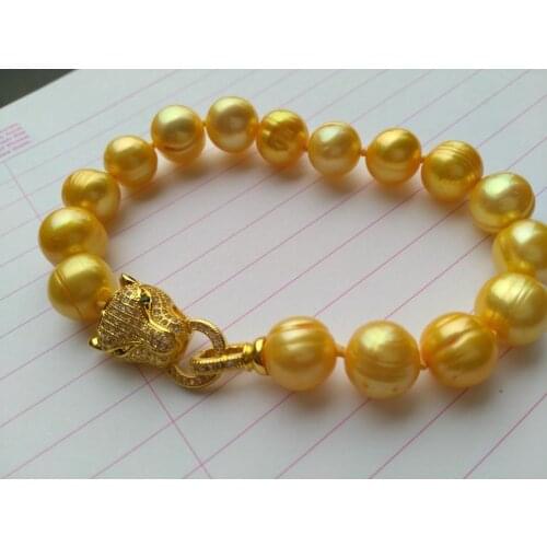 HOT HUGE AAA 9-10mm south sea Golden pearl bracelet 7.5-8 inch