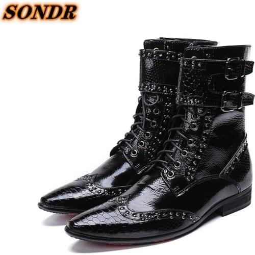New Fashion Men Boots Genuine Leather Mens British Autumn Lace Up Rivets Ankle Boots Man Buckle Strap Shoes Zapatos Hombre