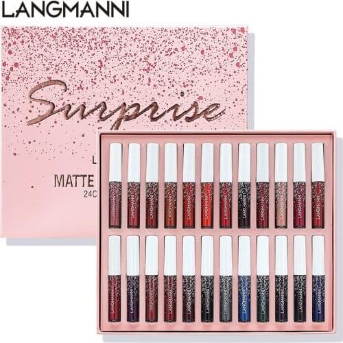 24 Colors/set LANGMANNI Liquid Lipstick Set Matte Lip Gloss Nude Velvet Pigment Women Fashion Lasting Lip Gloss Makeup Cosmetic