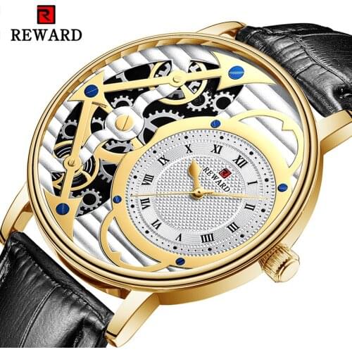 REWARD Classic Black Gold Watches Quartz Movement Luxury Hollow Transparent Men Wrist Watches Waterproof Relogio Masculino