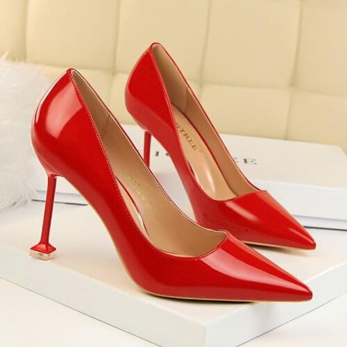 New Concise Women Patent Leather 9.5CM Thin High Heels Pumps Spring/Autumn Ladies Shallow Pointed Toe Slip-On Office Party Shoes