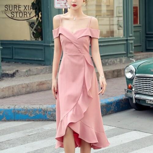 2021 Summer Dress Solid Asymmetri High Waist Slim Ruffled Sleeveless Sexy Dress New French Sling-Flare Medium-length Dress 9333