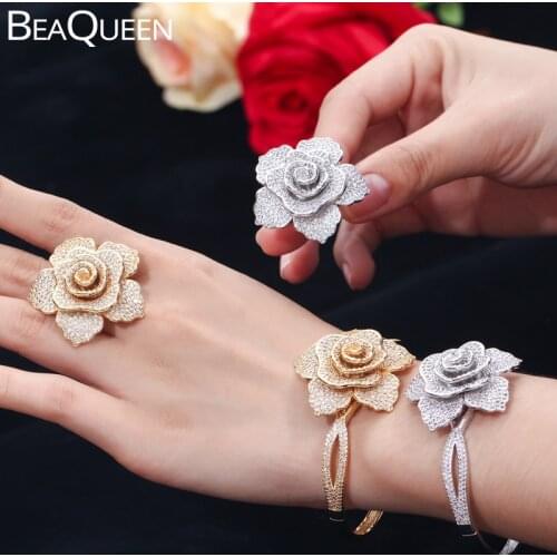 BeaQueen Luxury Big Flower Micro Pave Cubic Zircon Engagement Rings Bangles African Gold Color Wedding Jewelry Sets JS158