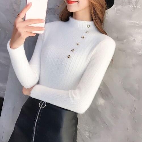 Sueter Feminino Faux Mink Velvet Button Bottom Slim Sweaters Women Knit Pullover Female Spring High Collar Solid Color Knitwear