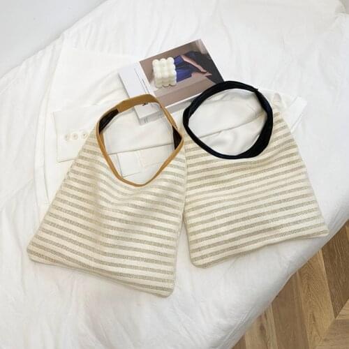 Vintage Women Stripe Woven Shoulder Bag Shopping Tote Bag Casual Ladies Beach Summer Large Capacity Top-handle Handbags