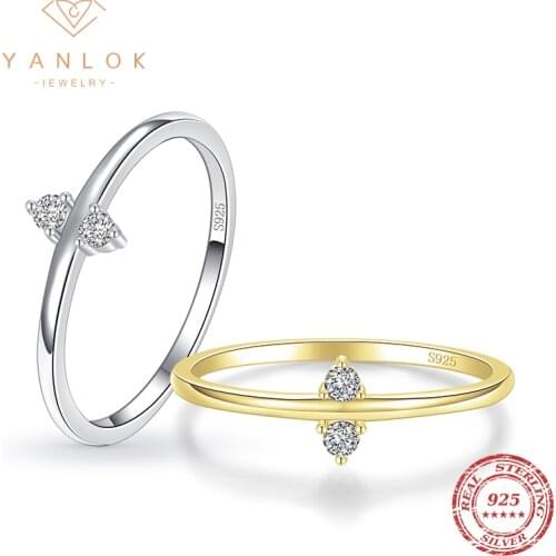 YANLOK Authentic 925 Sterling Silver Stackable Small Clear Zinconia Finger Rings For Women Gold Color Korea Style Jewelry Anel