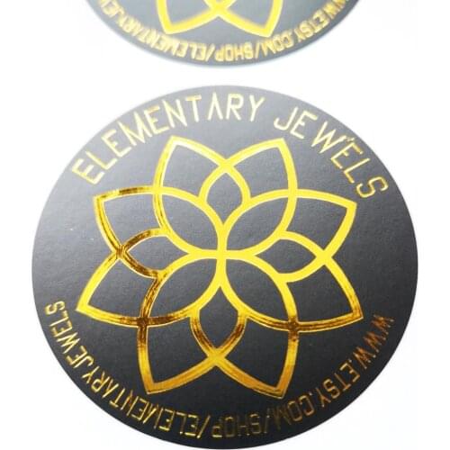 Custom order Shining Gold Foil hot stamping on Matte black PVC, cut into round shape, strong glue, waterproof, Item No. CU60