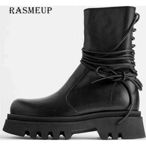 RASMEUP Ankle Strap Platform Boots Black Leather Ankle Boots for Women Lace up Shoes Woman Brand Designer Women Chunky Boots