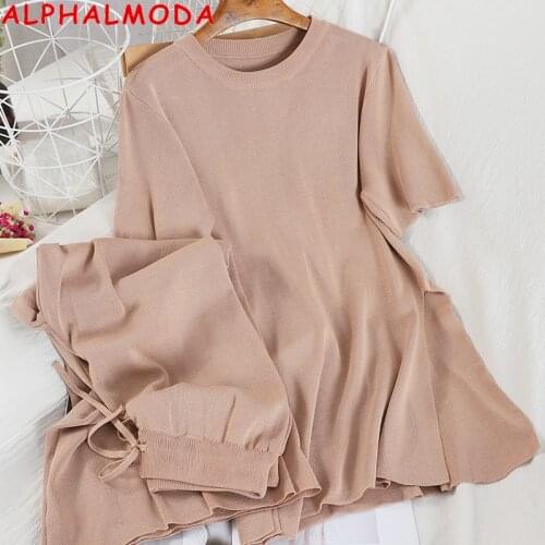 ALPHALMODA Fashion Knitting Suit Womens Loose Split Sweater High Waist Lace-up Wide-leg Trousers Two-Piece Casual 2pcs Set