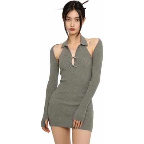 Women Halterneck style Tank Knit Dress With Frogging And Knit Cardigan