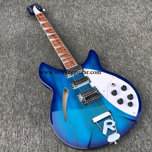 2021 Customized R360 electric guitar, rosewood fingerboard, blue painted half-empty 6-string guitar, guitar with F hole, postage