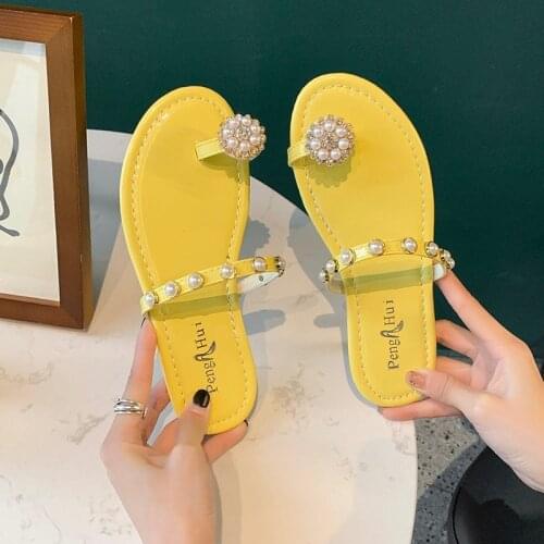 2021 Summer Net Red Pineapple Pearl Slippers Womens Toe Outside Wear Beach Holiday Fairy Flats Flip Flops Rhinestone Sandals