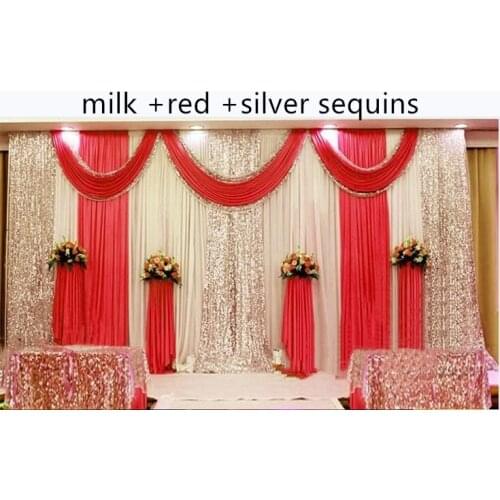 3X 6M Shiny Red Wedding Drape Backdrop Curtain With Sequins Swag Pleated For Wedding Banquet Decoration