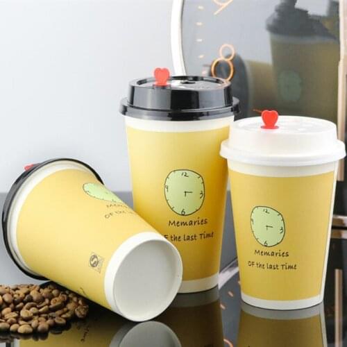 50pcs Yellow creative clock pattern thick paper cup 400ml 14oz/500ml 16oz party favor disposable milk tea coffee cup with lid