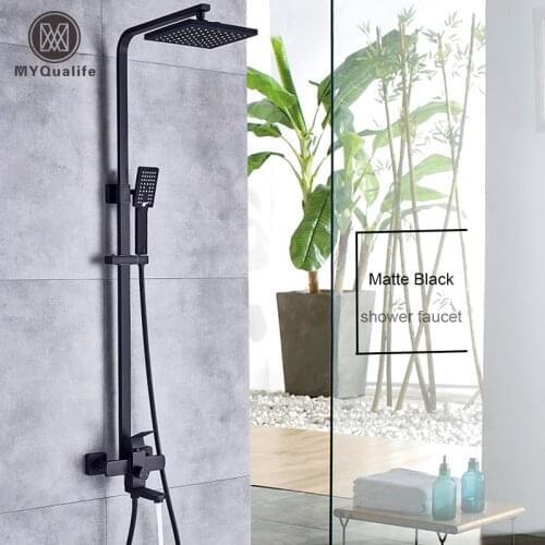 MYQualife Luxurious Matte Black Rainfall Shower Faucet Set Single Lever Bathtub Shower Mixer Faucet Shower Hot Cold Water Tap