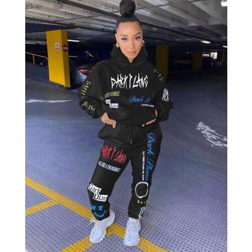 Ueteey New Two-piece Casual Streetwear Alphabet Graffiti Hooded Women Pant Set