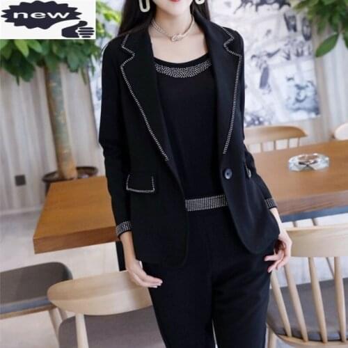 New Autumn Office Ladies Three Suits Diamond Elastic Tank Top Slim Blazers Suit Pants Elegant Women 3 Piece Matching Sets