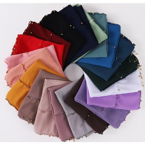 10pcs Wholesale Golden Pearl Edge Hijab Muslim Chiffon Scarf Tassel Pearls Gold Beaded Shawl Wrap Headscarf Bandana Foulard