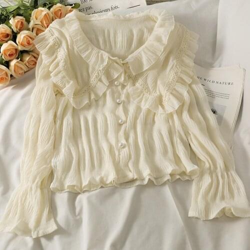 2021 Autumn Pleated Ruffles Shirt Women Peter Pan Collar Cardigan Shirts Female Pearl Single Breasted Puff Sleeve Blouse Mujer