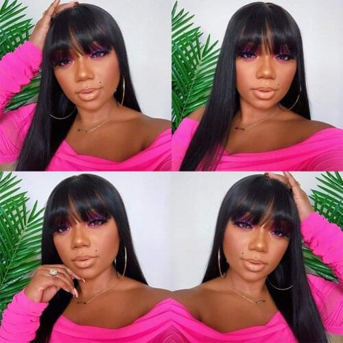 Wigs with Bangs Black Synthetic Hair Glueless Wig for Black Women Silky Straight Non Lace Wig