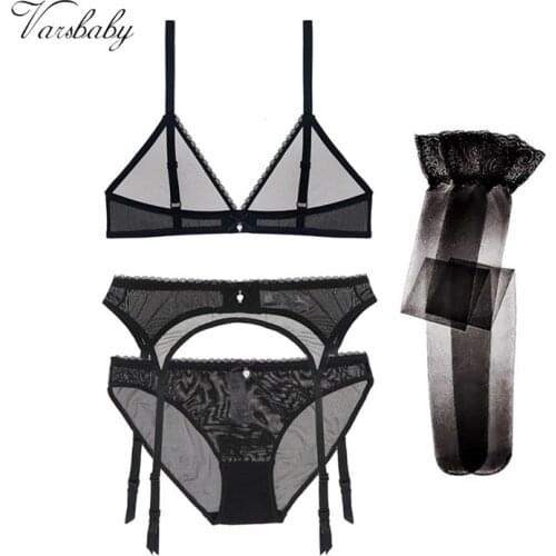 Varsbaby sexy bra+panty+garter+stockings 4 pcs transparent deep V wire free seamless breathable bra set