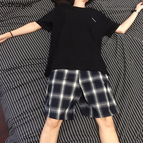 Pajama Sets Women Letter Printed Plaid-bottom Short Sleeves BF Korean Style Summer Leisure Sleepwear Two Pieces Black Cooling