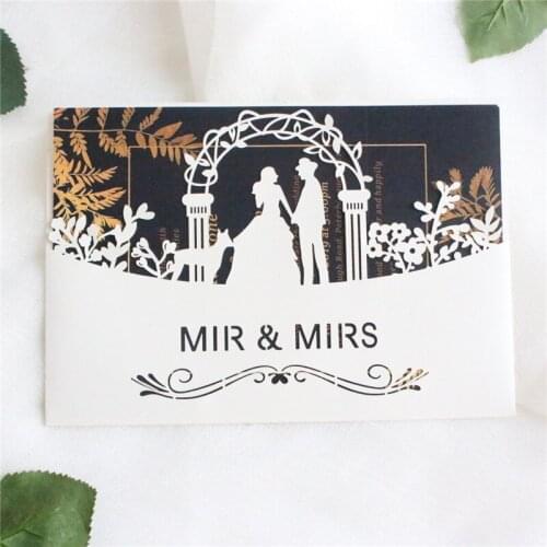 Ivory invitation card Mr Mrs dog floral laser cut anniversary valentines day greeting card pocket personalized printing 50pcs
