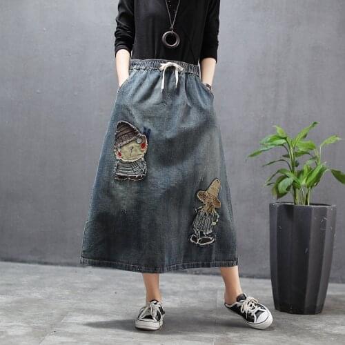 Plus Size Long Denim Skirts Women Vintage Cartoon Patchwork Elastic High Waist Casual Oversized Female Long Maxi Skirts Jeans