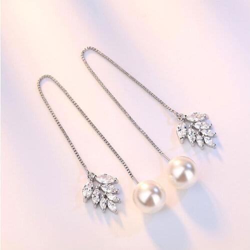 925 Sterling Silver Fashion Leaves Zircon Long Tassel Earrings Ear Line Pearl Earring For Women Party Jewelry S-E255