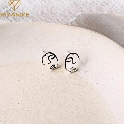 XIYANIKE 925 Sterling Silver Prevent Allergy Stud Earrings Creative Abstract Face Simple Geometric Jewelry for Women Couple Gift