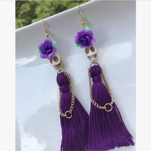 Skulls with Purple Tassels Dangle Earrings,Skull Jewelry, Skull Drop Earrings,Women New Fashion,day of The Dead Jewelry