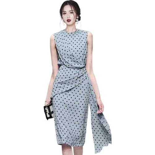 Blue Dot tight Dress one piece korean ladies Summer Sleeveless crew neck cabaret party bodycon formal Dresses for women