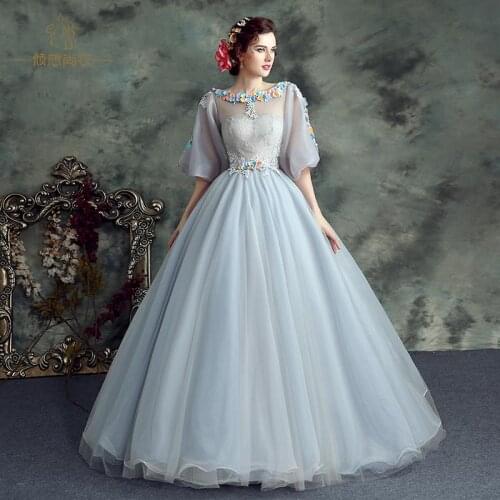 Light grey veil lace flower embroidery bubble sleeve medieval dress ball gown siss princess Gown queen Cos Victorian Belle ball