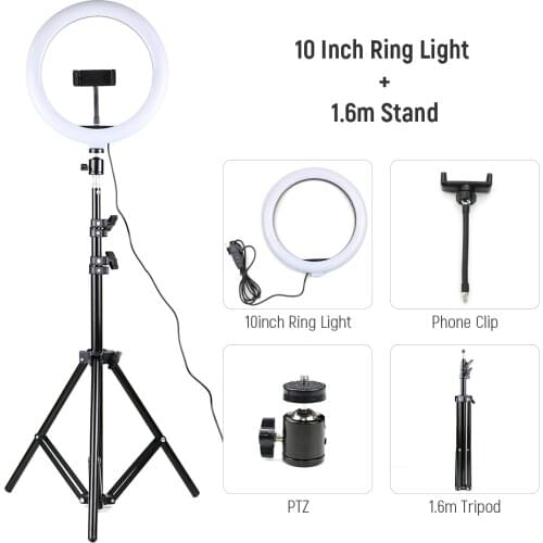 26cm LED Selfie Ring Light 2m/1.6m/0.5m Tripod Stand Dimmable Photography Lighting Photo Studio Fill Lamp For Smartphone Youtube
