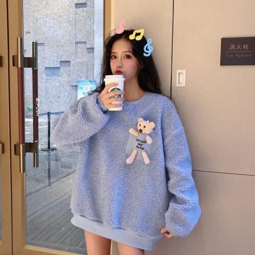 Korean Plus Velvet Sweetshirt Ladies Lamb Wool Pullover Loose Warm Sweatshirts Streetwear Harajuku Style Kawaii Tops for Girl