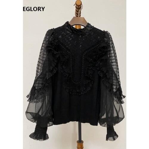 High Quality Jumpers 2020 Spring Summer Sweaters Women Ruffle Lace Hand Made Beading Deco Long Sleeve Knitted Pullovers Ladies