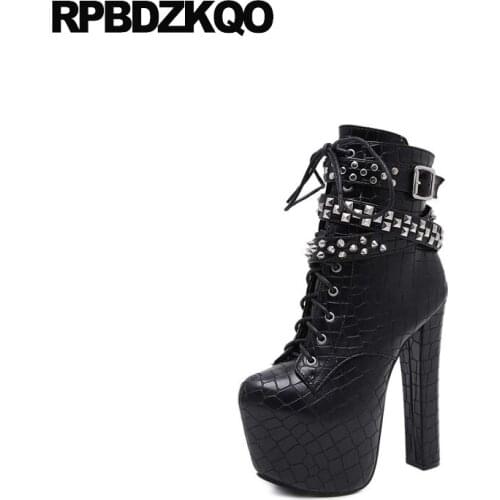 High Heel Exotic Dancer Rivet Punk Fashion Shoes Gothic Platform Boots Women Booties Big Size Black Snakeskin Stiletto Chain