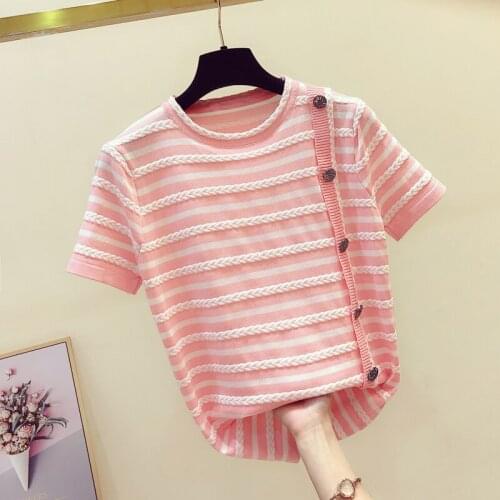 Fashion O collar metal button sweater bottoming shirt womens stripe thin pullover 2021 summer Ice silk Short sleeve