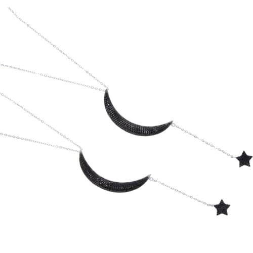 100% 925 sterling silver micro pave black cubic zirconia cz Moon Star Charm long Y lariat necklace