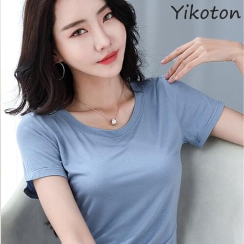 2021 Summer Short Sleeve O-neck Cotton Tshirt Female Tops Lady T Shirt Plus Size Slim Casual Fashion Womens Clothing Female