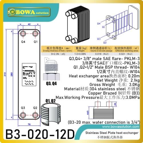 3.0MPa copper brazed stainless steel plate heat exchanger for 5KW heating transfer between water and water