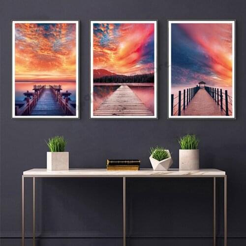 Nature Lake Sunset landscape Diamond Painting Full Square Round Diamond Embroidery Cross Stitch Bridge Mosaic 3 pcs Decor GG5025