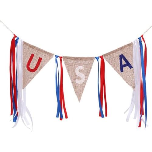 Burlap Banner Triangle USA Letter Party Banner Hanging Banner Flags Party Decoration for USA America Independence Day