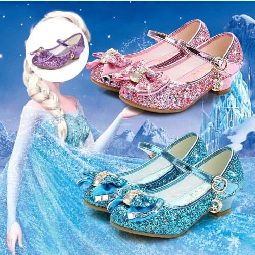Glitter Kids Leather Shoes for Girls Halloween Carnival Cosplay Princess Shoes Sequines Knot-Bow High Heel Dancing Girls Shoes