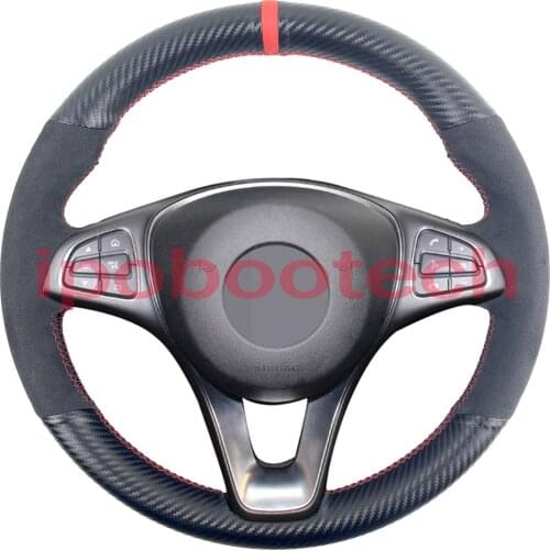 3D Carbon Fiber & Black Suede Leather Steering Wheel Red Stitch on Wrap Cover Fit For Mercedes-Benz W176 A180 A200 B180 B200